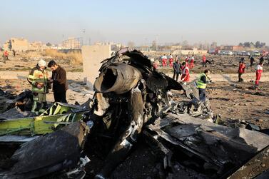 Debris at the scene where Ukraine International Airlines Flight 752 came down in Shahedshahr, south-west of Tehran, in January 2020. AP