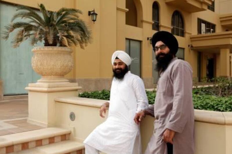 Jasvinder Singh and Amanjeet Singh outside a Sikh gathering at Jumeirah Beach Residence.