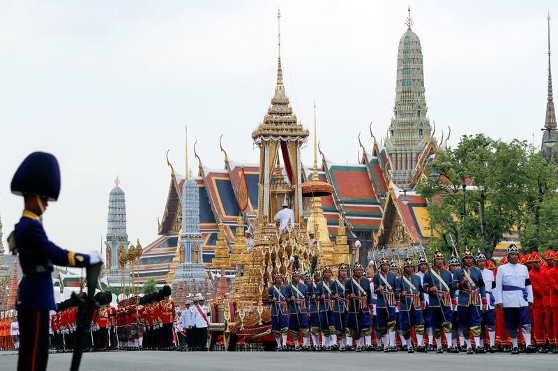 The Great Victory Chariot is pulled during the funeral procession for Thailand's late King Bhumibol Adulyadej, before the Royal Cremation Ceremony in front of the Grand Palace in Bangkok, Thailand. Jorge Silva / Reuters