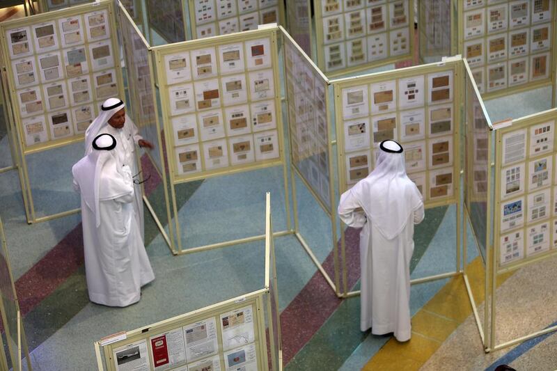 The stamp exhibition in Sharjah’s Mega Mall chronicles milestones in the UAE history. Pawan Singh / The National