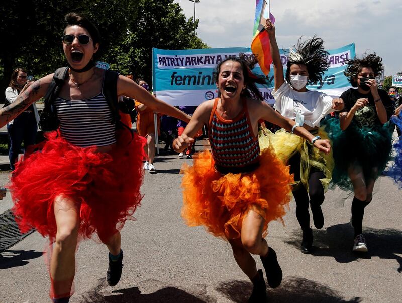 Activists at a protest against Turkey's withdrawal from the Istanbul Convention in Istanbul. Reuters