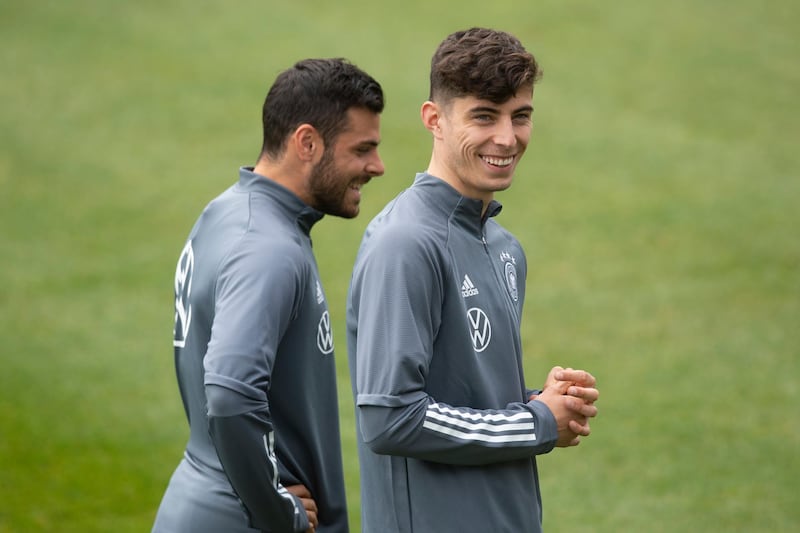 Kevin Volland (l) and Kai Havertz during training. Getty