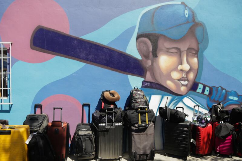 The luggage of Ukrainian migrants sits outside the refugee camp at the Benito Juarez Sports Unit in Tijuana, Baja California, Mexico. EPA