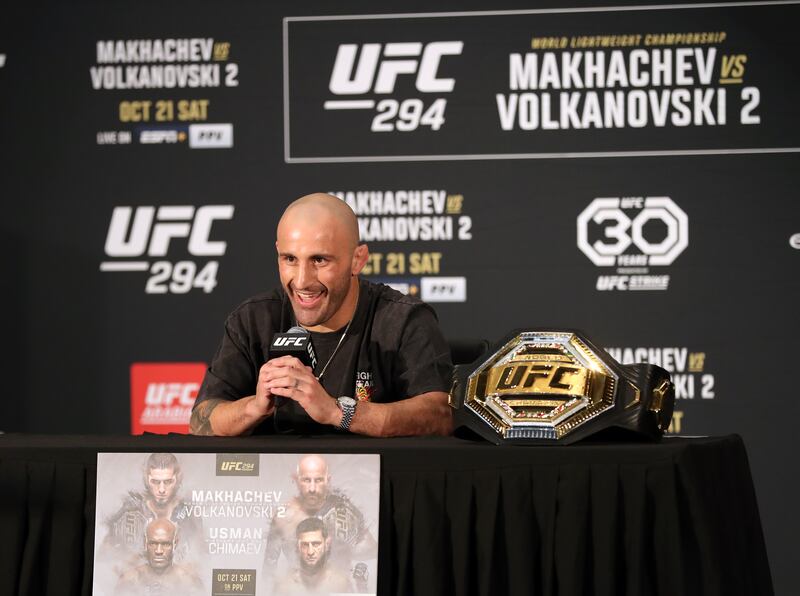 Alexander Volkanovski speaks to the media before his championship fight against Islam Makhachev at UFC 294.