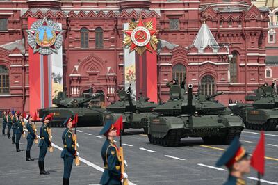 Russian T-90M and T-14 Armata tanks parade through Red Square during a Victory Day military parade rehearsal in May 2022. AFP