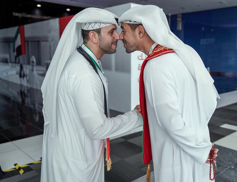 Abu Dhabi, United Arab Emirates, October 5, 2019.  
FNC Elections at ADNEC. -- Friends greet each other before entering the hall to cast their votes.
Victor Besa / The National
Section:  NA
Reporter:  Haneen Dajani