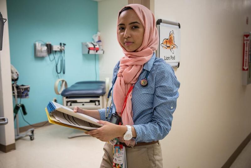 Emirati Fatima Al Dhaheri hopes her learning experience in the United States can benefit her country when she eventually returns to work as a paediatritian in the UAE. Evelyn Hockstein for The National 