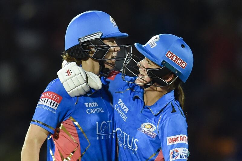 Mumbai Indians' Nat Sciver-Brunt, left, and Amelia Kerr guided their team to victory. AFP