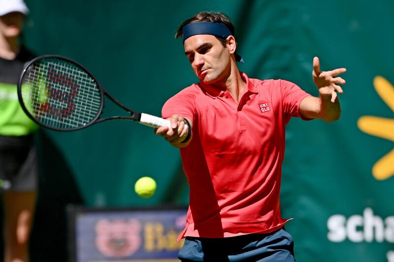 Roger Federer plays a forehand to Ilya Ivashka during their Halle Open first round match. Getty Images