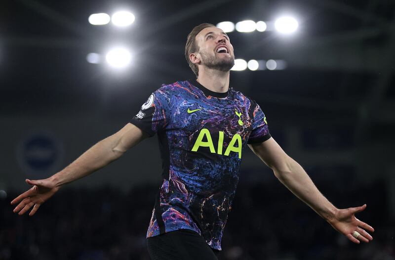 BRIGHTON, ENGLAND - MARCH 16: Harry Kane of Tottenham Hotspur celebrates after scoring their team's second goal during the Premier League match between Brighton & Hove Albion and Tottenham Hotspur at American Express Community Stadium on March 16, 2022 in Brighton, England. (Photo by Julian Finney / Getty Images)