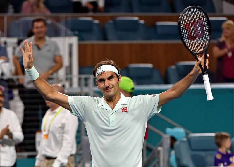 Mar 29, 2019; Miami Gardens, FL, USA; Roger Federer of Switzerland celebrates after defeating Denis Shapovalov of Canada (not pictured) during the menÕs semifinal at the Miami Open at Miami Open Tennis Complex.  Mandatory Credit: Steve Mitchell-USA TODAY Sports