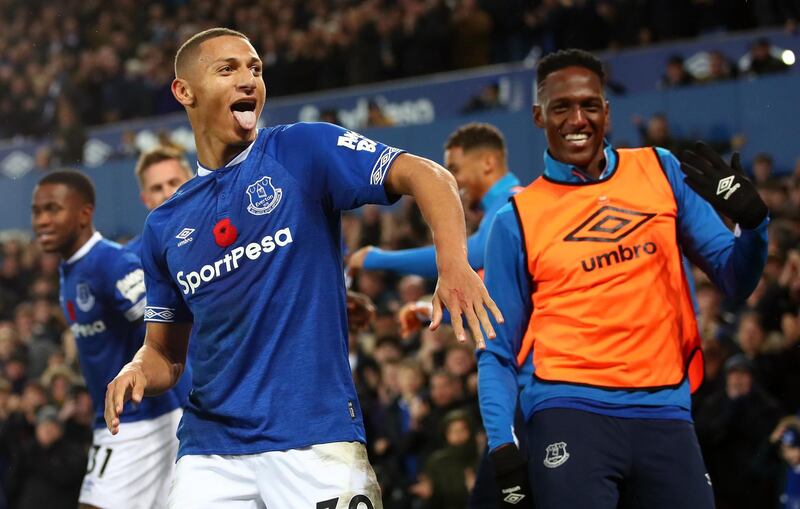 LIVERPOOL, ENGLAND - NOVEMBER 03: Richarlison of Everton celebrates after scoring his team's third goal during the Premier League match between Everton FC and Brighton & Hove Albion at Goodison Park on November 3, 2018 in Liverpool, United Kingdom.  (Photo by Clive Brunskill/Getty Images)