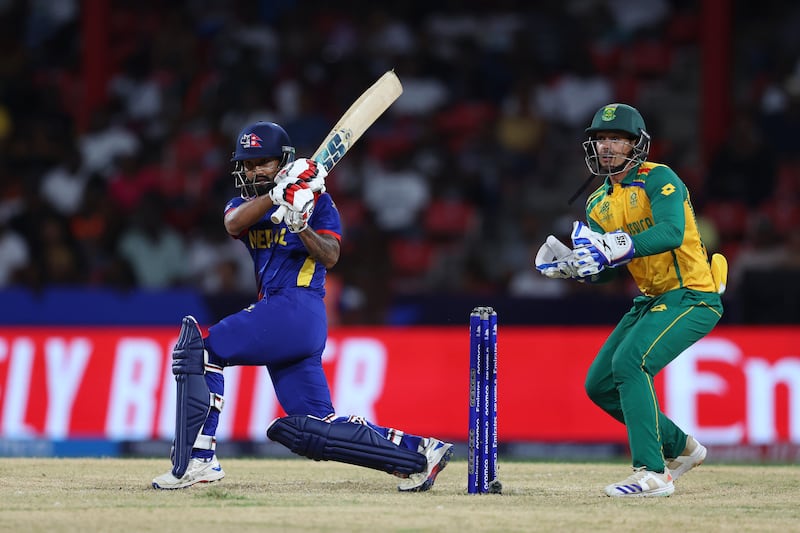 Dipendra Singh Airee of Nepal bats as Quinton de Kock of South Africa keeps wicket. Getty