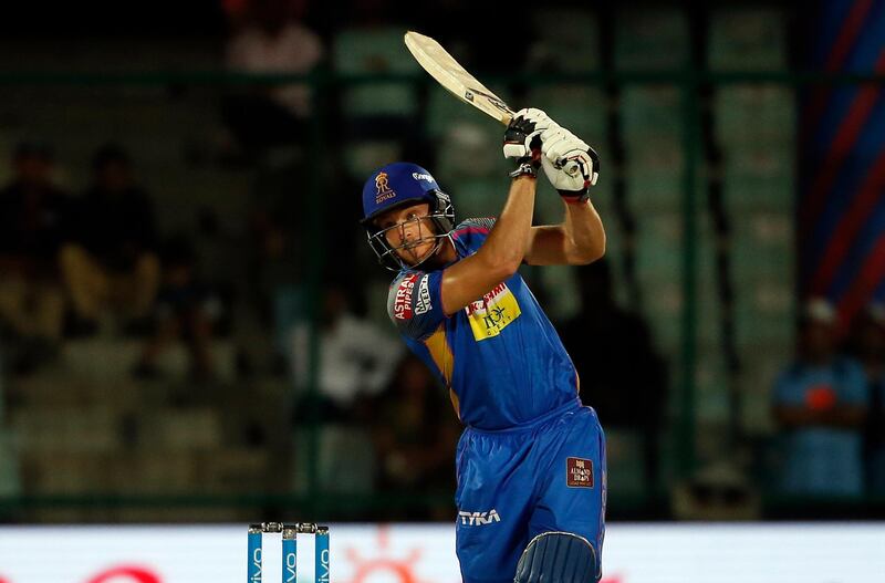 Rajasthan Royals' Jos Buttler hits a six during VIVO IPL cricket T20 match against Delhi Daredevils' in New Delhi, India, Wednesday, May 2, 2018. (AP Photo/Altaf Qadri)