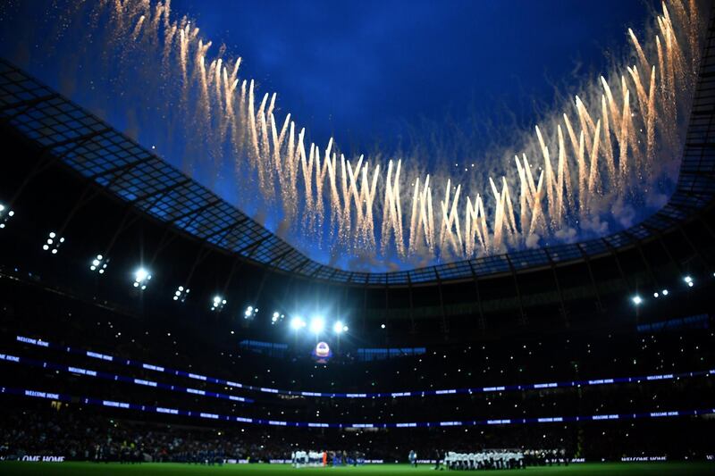 General view inside the Tottenham Hotspur Stadium as fireworks are set off before the match. Reuters