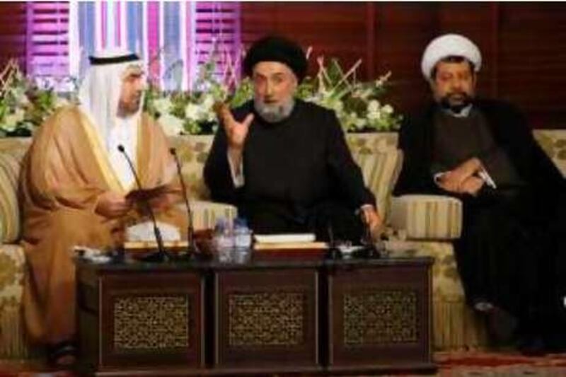 ***APPROVED from PROTOCOL***
ABU DHABI, UNITED ARAB EMIRATES - September 17, 2008: (left) Dr Mohamed Basam Al Zaein, (center) Mulla Al Sayeed Ali Al Ameen, (right) Judge Sheikh M'arouf Rahal. (center) Mulla Al Sayeed Ali Al Ameen of Lebanon speaks at Al Bateen Palace in a series of lectures hosted by (not shown in picture) His Highness General Sheikh Mohamed bin Zayed Al Nahyan, Crown Prince of Abu Dhabi, Deputy Supreme Commander of the UAE Armed Forces and Chairman of the Abu Dhabi Executive Council.
 ( Ryan Carter / The National )

