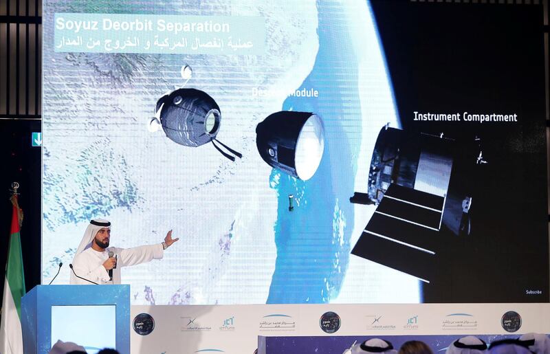 DUBAI ,  UNITED ARAB EMIRATES , AUGUST 26 – 2019 :- Saud Karmustaji, Director – Strategic Communication Department speaking during the press conference about the progress of UAE astronauts held at the Armani Hotel in Dubai. ( Pawan Singh / The National ) For News. Story by Patrick