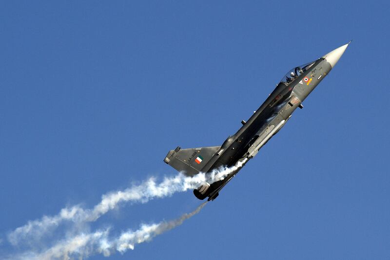 An Indian Air Force Tejas during an Air Force Day parade at an IAF station in Ghaziabad, on the outskirts of New Delhi.