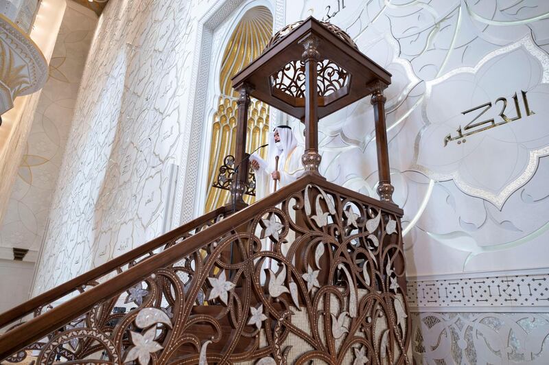 ABU DHABI, UNITED ARAB EMIRATES - May 13, 2021: An Imam delivers a sermon during Eid Al Fitr prayers at at the Sheikh Zayed Grand Mosque. 

( Mohamed Al Hammadi / Ministry of Presidential Affairs )
---