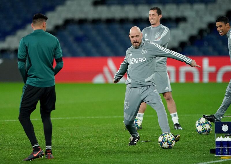 Ajax manager Erik ten Hag during a training session at Stamford Bridge. PA