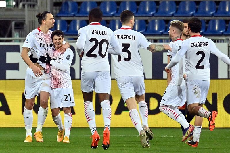 Zlatan Ibrahimovic celebrates scoring his second during the Serie A match against Cagliari. Getty Images