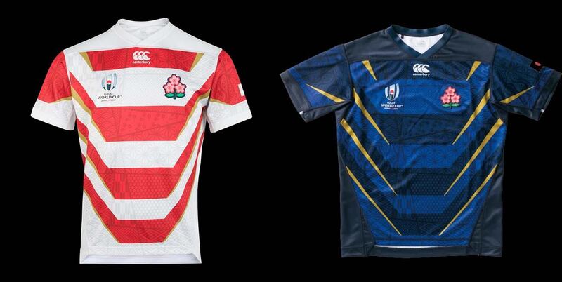 6: Japan – The hosts have paired their cherry red and white-hooped home shirt with a daring away blue and black away kit. The yellow flashes bring it life.  Image via rugbyworldcup.com