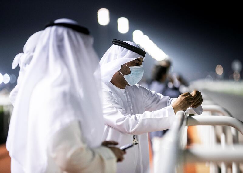 DUBAI, UNITED ARAB EMIRATES. 25 FEBRUARY 2021. 
Crowds await Meydan Classic race,  1200M Turf, at Meydan Racecourse.

Photo: Reem Mohammed / The National
Reporter: Amith Passala
Section: SP