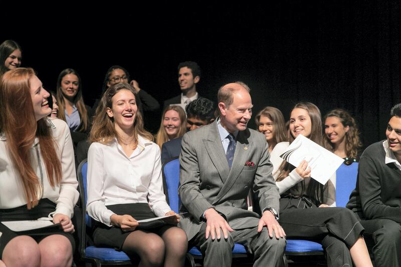 DUBAI, UNITED ARAB EMIRATES - March 23 2019.

His Royal Highness The Prince Edward, Earl of Wessex; Chair of The Duke of Edinburgh’s International Award Foundation with students at UAE Gold Award Ceremony.

The Duke of Edinburgh’s International Award held its first ever UAE Gold Award Ceremony. Hosted by GEMS Wellington International School, 29 young people from eight schools were recognised and presented with the top international honour, receiving their Gold Award from His Royal Highness The Prince Edward, Earl of Wessex; Chair of The Duke of Edinburgh’s International Award Foundation.

 (Photo by Reem Mohammed/The National)

Reporter: 
Section:  NA