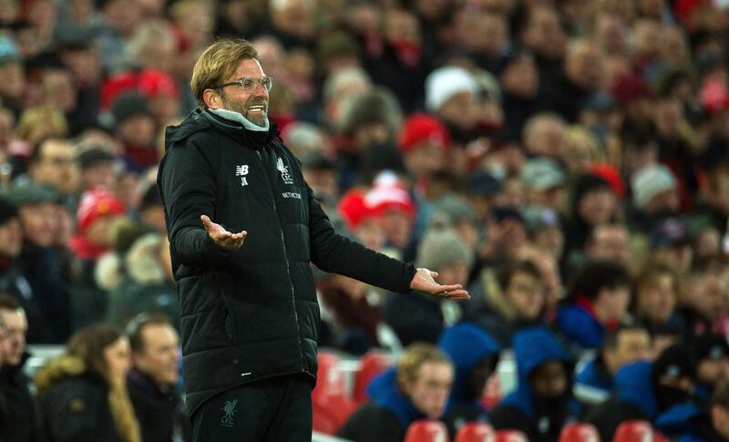 epa06381575 Liverpool manager Juergen Klopp reacts during the English Premier League soccer match between Liverpool FC and Everton FC at Anfield in Liverpool, Britain, 10 December 2017.  EPA/PETER POWELL EDITORIAL USE ONLY. No use with unauthorized audio, video, data, fixture lists, club/league logos or 'live' services. Online in-match use limited to 75 images, no video emulation. No use in betting, games or single club/league/player publications EPA/PETER