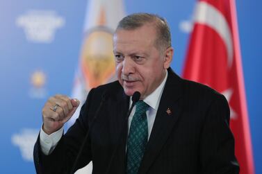 Turkish President Recep Tayyip Erdogan addresses his ruling party members via remote connection from Ankara, Turkey on Wenesday after denouncing student protesters as “terrorists” and vowing to crackdown on demonstrations opposing the appointment of a government loyalist to head Istanbul’s most prestigious university. AP