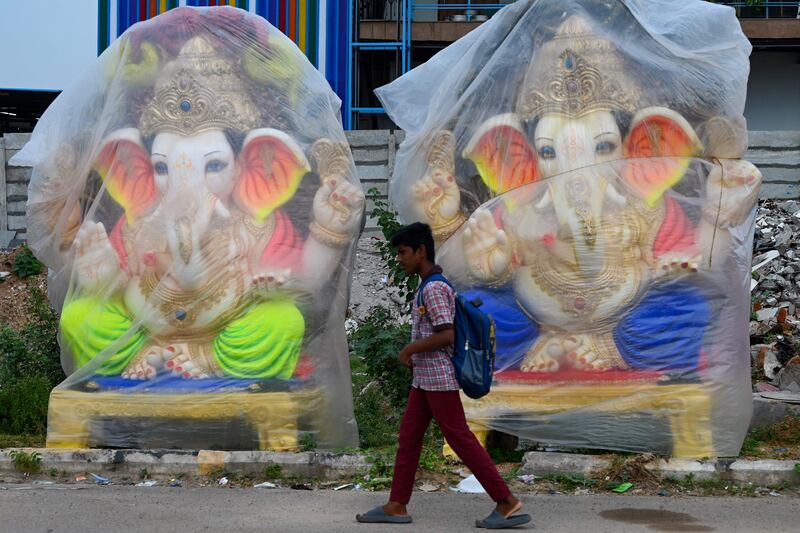 Idols of Hindu deity Ganesha along a road on the outskirts of Hyderabad, India ahead of the Ganesh Chaturthi festival. AFP