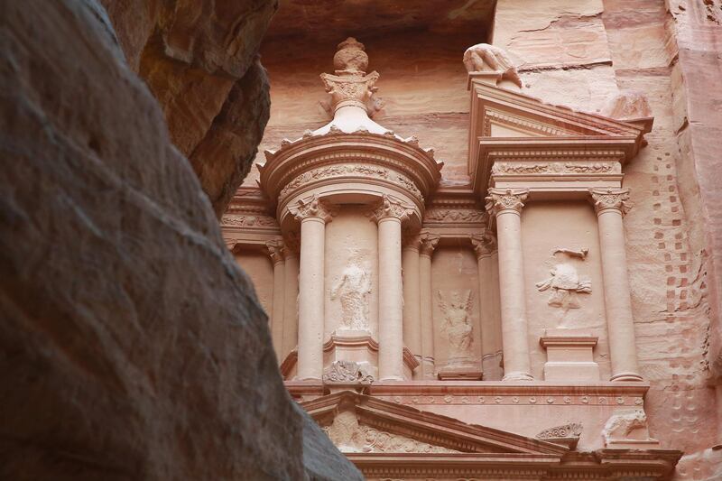 A closeup of the the ancient Khaznah (treasury) monument carved in the rock cliff. AFP