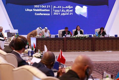Libyan Prime Minister Abdul Hamid Dbeibah (C) hosts an international conference with western, regional and UN representatives aimed at resolving Libya's thorniest issues, at the Coronthia Hotel in Tripoli. AP