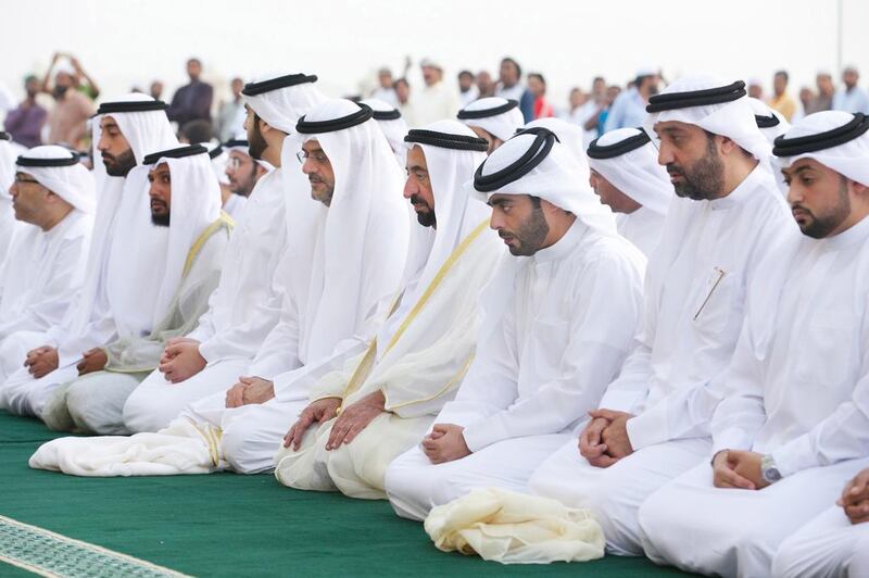 Dr Sheikh Sultan bin Mohammed Al Qasimi, Ruler of Sharjah, attends Eid prayers. Courtesy Wam