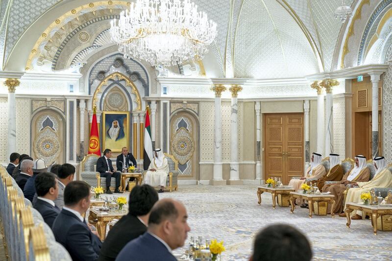 ABU DHABI, UNITED ARAB EMIRATES -December 12, 2019: HH Sheikh Mohamed bin Zayed Al Nahyan, Crown Prince of Abu Dhabi and Deputy Supreme Commander of the UAE Armed Forces (5th R) meets with HE Sooronbay Sharipovich Jeenbekov, President of Kyrgyzstan (7th R), during an official visit reception, at Qasr Al Watan. Seen with HE Ahmed Juma Al Zaabi, UAE Deputy Minister of Presidential Affairs (R), HE Saqr Ghubash, Cabinet Member and Minister of Human Resources and Emiratisation (2nd R), HH Sheikh Mansour bin Zayed Al Nahyan, UAE Deputy Prime Minister and Minister of Presidential Affairs (3rd R) and HH Lt General Sheikh Saif bin Zayed Al Nahyan, UAE Deputy Prime Minister and Minister of Interior (4th R).

( Hamad Al Mansoori for the Ministry of Presidential Affairs )

---