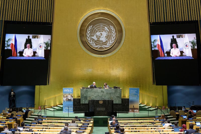 epa08687564 A handout photo made available by UN photo shows Teodoro L. Locsin Jr. (on screens), Secretary for Foreign Affairs of the Republic of the Philippines, speaking during the 75th General Assembly of the United Nations, in New York, USA, 21 September 2020. Due to the COVID-19 pandemic, the 75th General Assembly of the United Nations most of the meetings will be held virtually.  EPA/Manuel Elias / UN Photo / HANDOUT  HANDOUT EDITORIAL USE ONLY/NO SALES