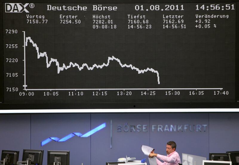 The DAX index curve is displayed at the Frankfurt Stock Exchange in Frankfurt, Germany, on Aug.1, 2011. Stocks and oil gained while the cost of U.S. default insurance fell the most in 18 months after President Barack Obama said congressional leaders reached an agreement to raise America's debt ceiling. Photographer: Hannelore Foerster/Bloomberg *** Local Caption ***  884166.jpg