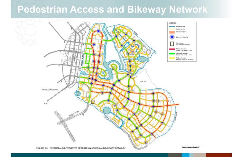 Reem Island pedestrian access and bikeway network map.  Courtesy Abu Dhabi Planning Council