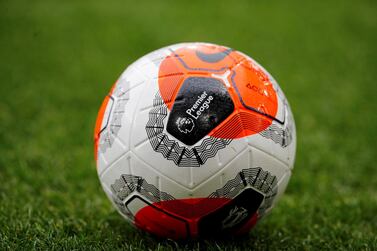 FILE PHOTO: Soccer Football - Premier League - Burnley v AFC Bournemouth - Turf Moor, Burnley, Britain - February 22, 2020 General view of the Premier League logo on a match ball before the match REUTERS/Phil Noble EDITORIAL USE ONLY. No use with unauthorized audio, video, data, fixture lists, club/league logos or "live" services. Online in-match use limited to 75 images, no video emulation. No use in betting, games or single club/league/player publications. Please contact your account representative for further details/File Photo