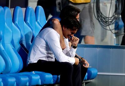 epa06872801 Croatia's head coach Zlatko Dalic cries next to a member of the coaching staff after the FIFA World Cup 2018 quarter final soccer match between Russia and Croatia in Sochi, Russia, 07 July 2018.

(RESTRICTIONS APPLY: Editorial Use Only, not used in association with any commercial entity - Images must not be used in any form of alert service or push service of any kind including via mobile alert services, downloads to mobile devices or MMS messaging - Images must appear as still images and must not emulate match action video footage - No alteration is made to, and no text or image is superimposed over, any published image which: (a) intentionally obscures or removes a sponsor identification image; or (b) adds or overlays the commercial identification of any third party which is not officially associated with the FIFA World Cup)  EPA/RONALD WITTEK EDITORIAL USE ONLY  EDITORIAL USE ONLY
