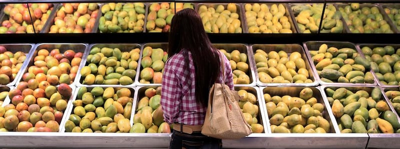 The mango display at LuLu Hypermarket, Al Wahda Mall in Abu Dhabi, features several varieties of the fruit. From May to the end of July, cultivars imported from India and Pakistan are at their best. Ravindranath K / The National