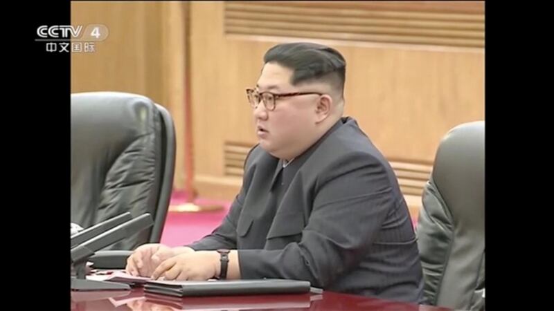 North Korean leader Kim Jong Un meets with Chinese President Xi Jinping (unseen), in this still image taken from video released on March 28, 2018. CCTV via Reuters