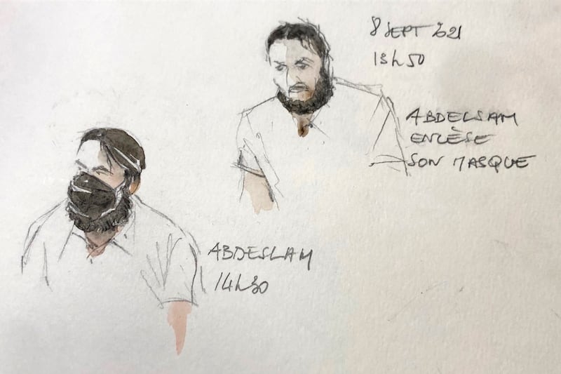 Sketches of defendant Salah Abdeslam with and without a mask in the special courtroom built for the 2015 Paris attacks trial.  AP