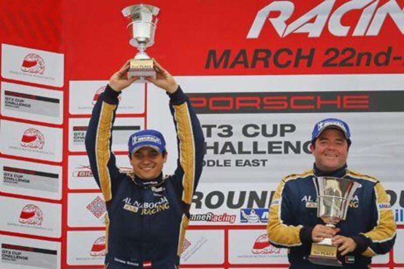 Al Nabooda Racing teammates Clemens Schmid, left, and Karim Al Azhari were the top two finishers at the Porsche GT3 Bahrain race on Saturday. Courtesy photo