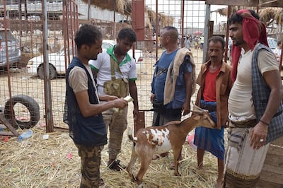 Customers buy a sacrificial goat for Eid Al Adha at Al Mansoura livestock market in Aden.