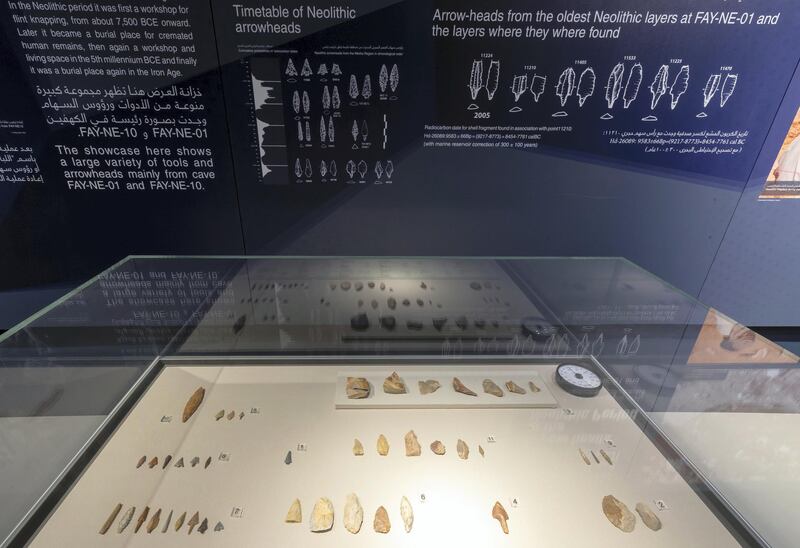 Sharjah, United Arab Emirates - July 10, 2019: Weekend's postcard section. Stone tools at are 10,000 years old at the Mleiha Archaeological Centre. Wednesday the 10th of July 2019. Maleha, Sharjah. Chris Whiteoak / The National