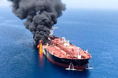 An oil tanker is seen after it was attacked at the Gulf of Oman on June 13, 2019. Reuters