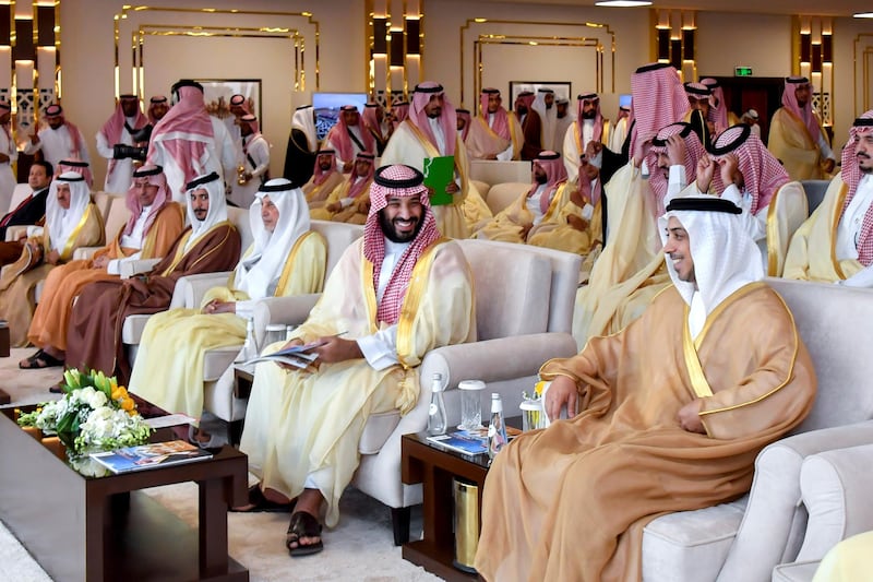 TAIF, SAUDI ARABIA - September 15, 2019: HH Sheikh Mansour bin Zayed Al Nahyan, UAE Deputy Prime Minister and Minister of Presidential Affairs (R), attends the concluding ceremony of the Saudi Crown Prince Camel Festival, at Taif. Seen with HRH Mohamed bin Salman bin Abdulaziz Crown Prince Deputy Prime Minister and Minister of Defence of Saudi Arabia (2nd R) and HRH Prince Khalid bin Faisal bin Abdulaziz Al Saud Governor of Makkah Region of Saudi Arabia (3rd R).

( Hassan Al Menhali for the Ministry of Presidential Affairs )
---