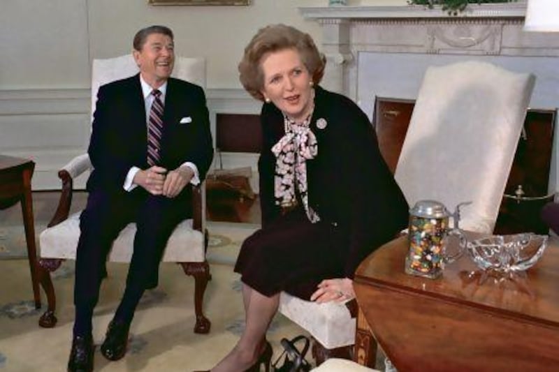 Margaret Thatcher meets with her friend and political ally Ronald Reagan during a 1985 visit to the White House.