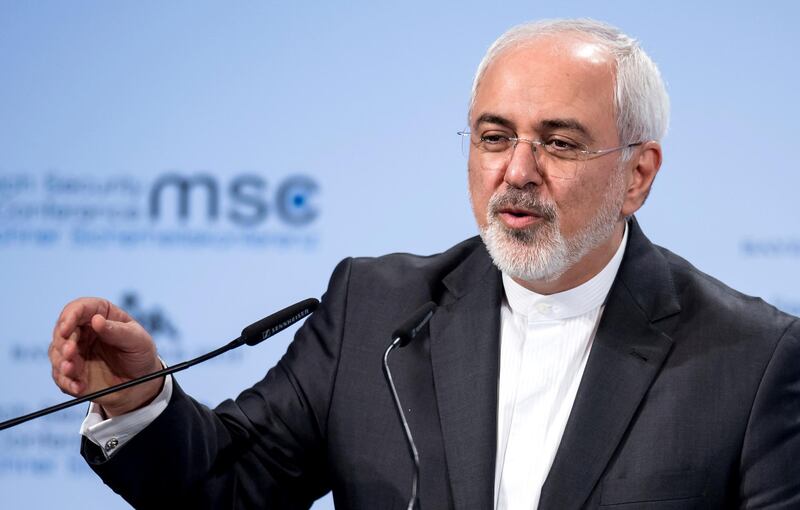 FILE - In this Sunday, Feb. 18, 2018 file photo, Iran's foreign minister Mohammad Javad Zarif, speaks at the Security Conference in Munich, Germany. The U.N.'s nuclear watchdog says Iran still is complying with the terms of a 2015 deal that aims to keep Tehran from building atomic weapons in exchange for economic incentives. The International Atomic Energy Agency said in a confidential quarterly report on Friday, Feb. 22 that Iran has been abiding with key limitations set in the so-called Joint Comprehensive Plan of Action. (Sven Hoppe/dpa via AP, file)